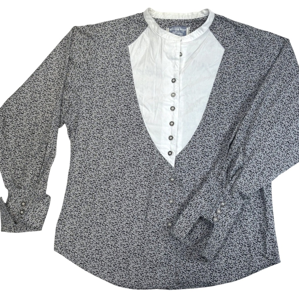 Vintage Wrangler Button Up Shirt Bib Gray White Western 70s 60s Womens XXL